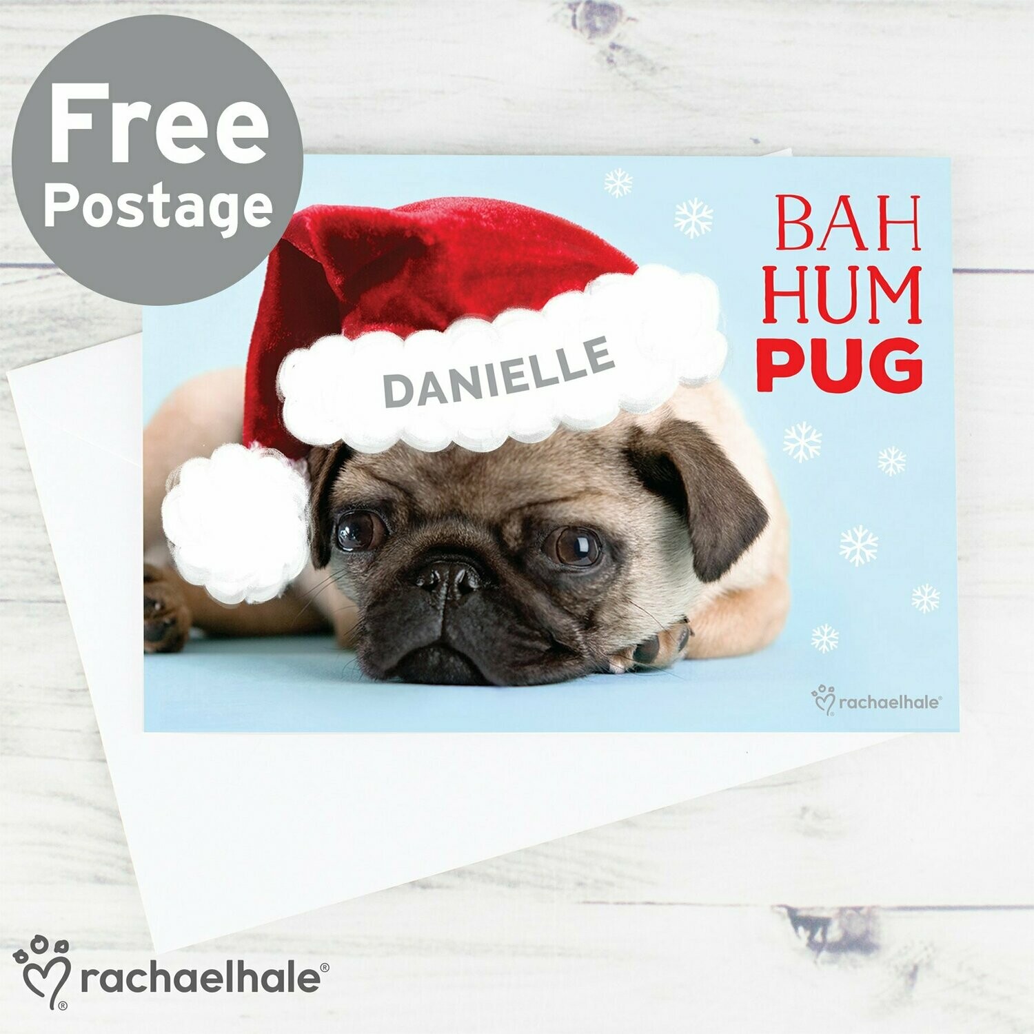 Personalised Rachael Hale Christmas Bah Hum Pug Card