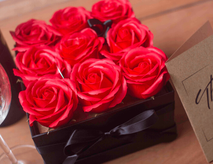 Soap Flower Gift Bouquet - 9 Red Roses - Square