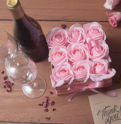 Soap Flower Gift Bouquet - 9 Pink Roses - Square