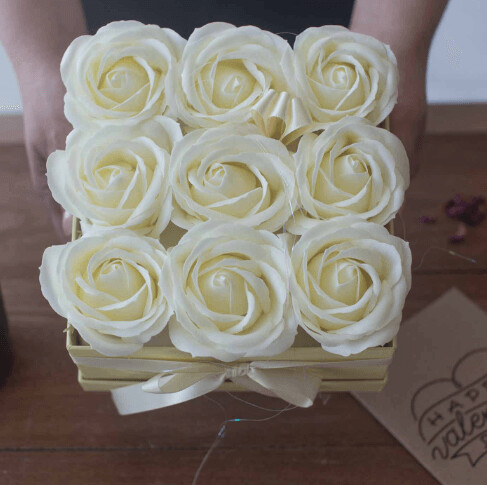 Soap Flower Gift Bouquet - 9 Cream Roses - Square