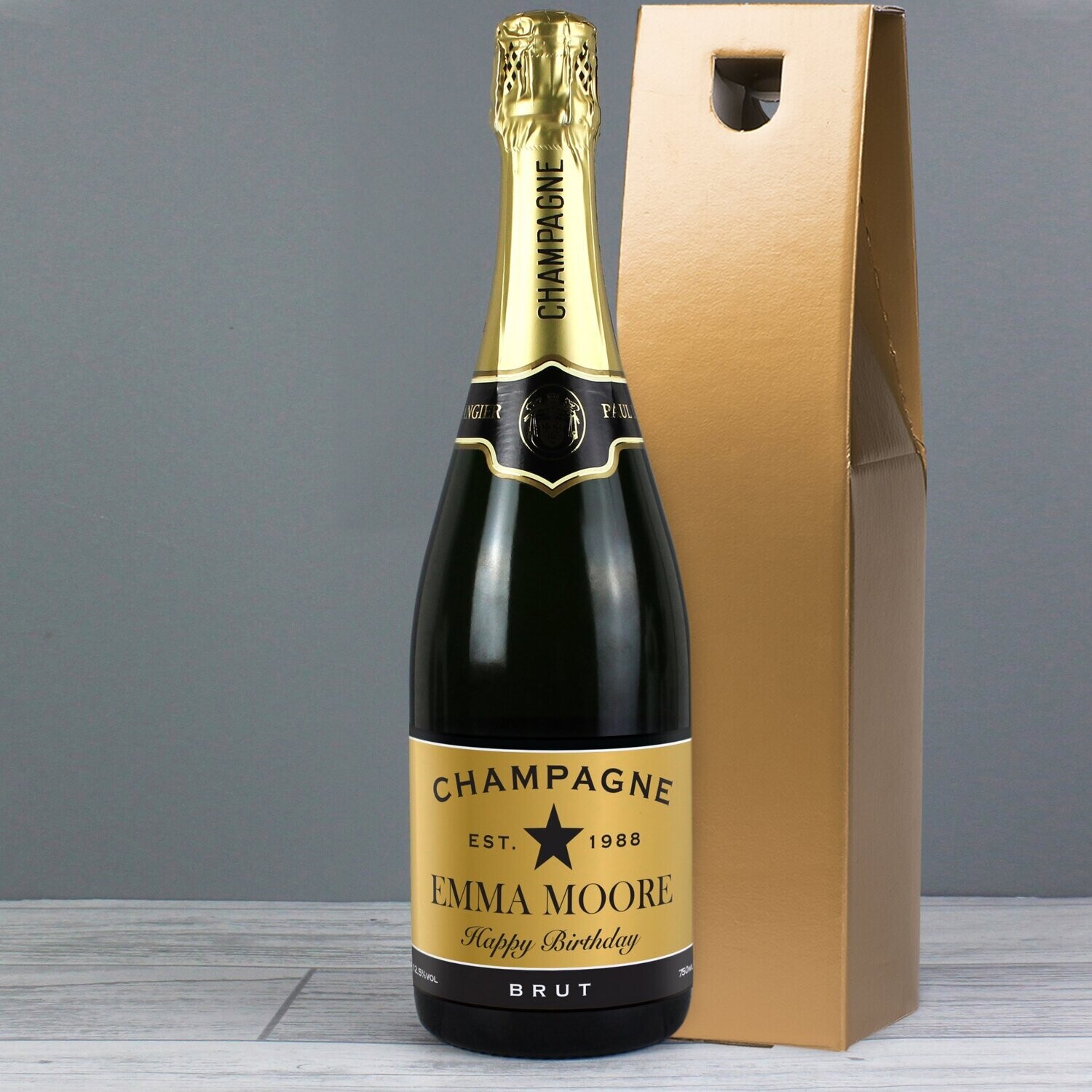 Personalised Black and Gold Label Bottle of Champagne