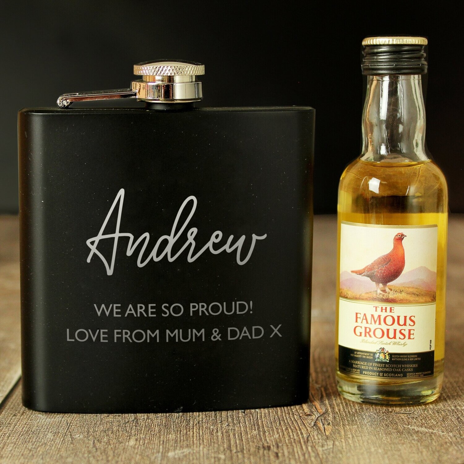 Personalised Free Text Hipflask and Whisky Miniature Set