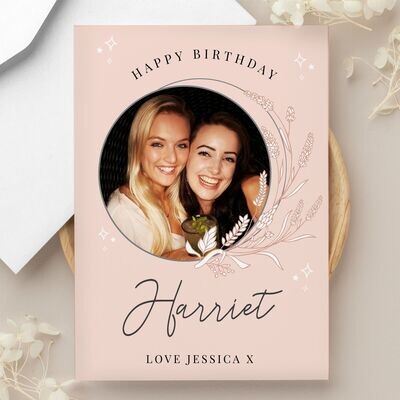 Personalised Pink Wreath Photo Upload Greeting Card Personalised Pink Wreath Photo Upload Greeting Card