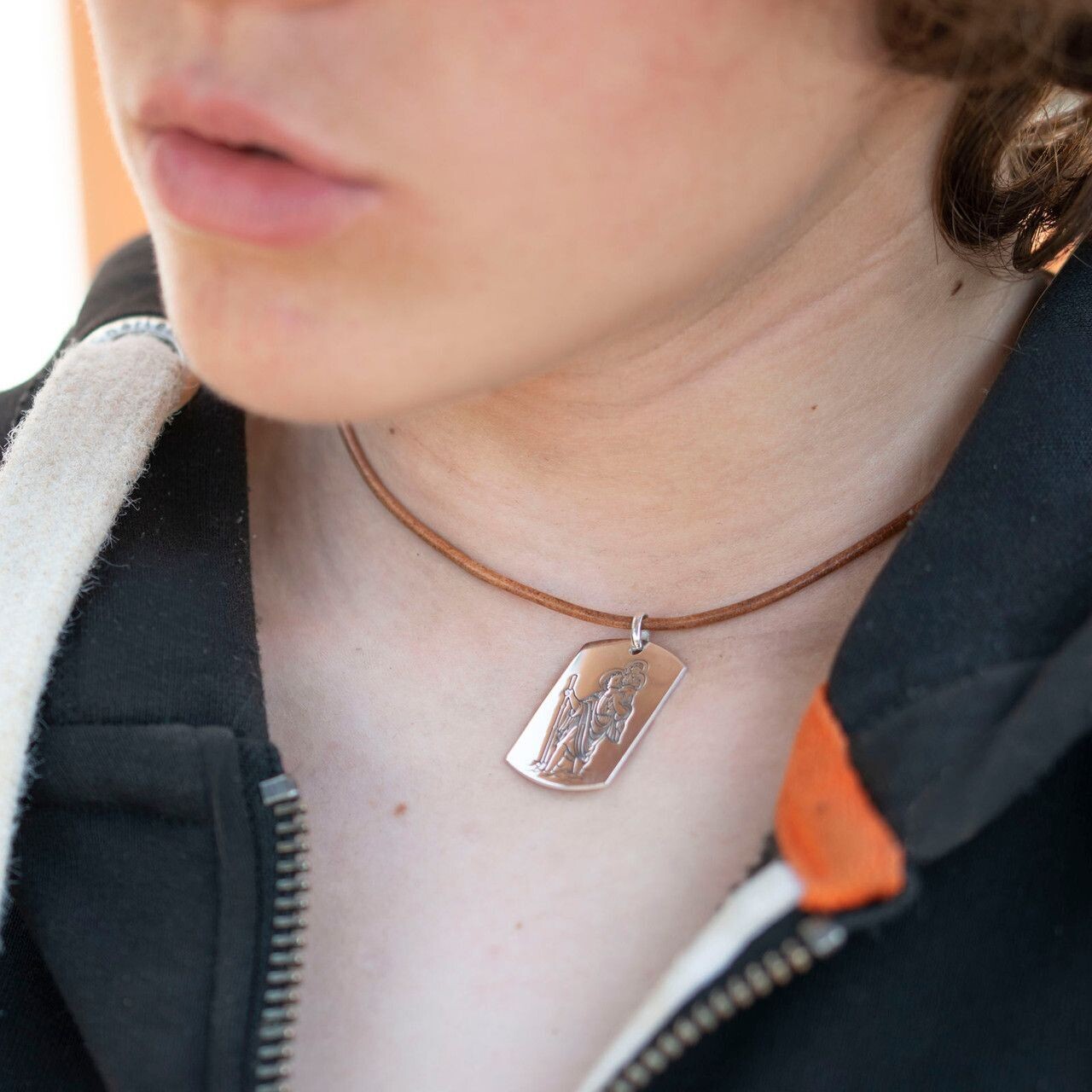 Sterling St Christopher Dog Tag on Leather Necklace