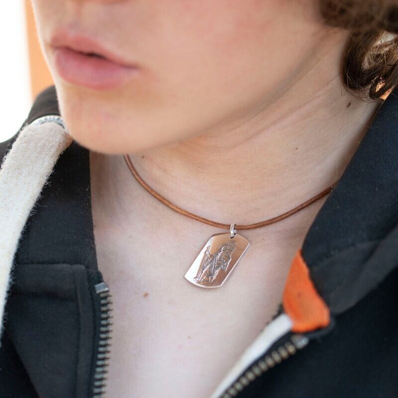Sterling St Christopher Dog Tag on Leather Necklace