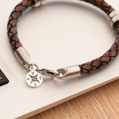 Leather Wristband With Sterling Compass Pendant