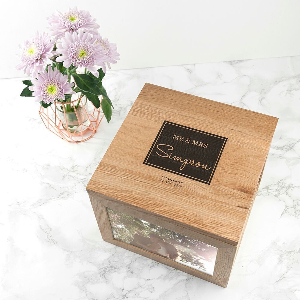 Contemporary Mr & Mrs Oak Photo Keepsake Box