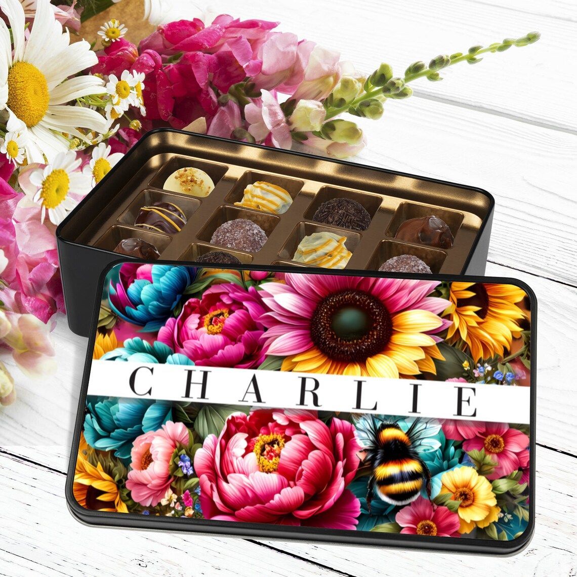 Personalised Sunflowers Bees - Keepsake Tin Chocolates