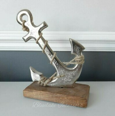Silver Anchor On A Wooden Base Decorative Nautical Ornament
