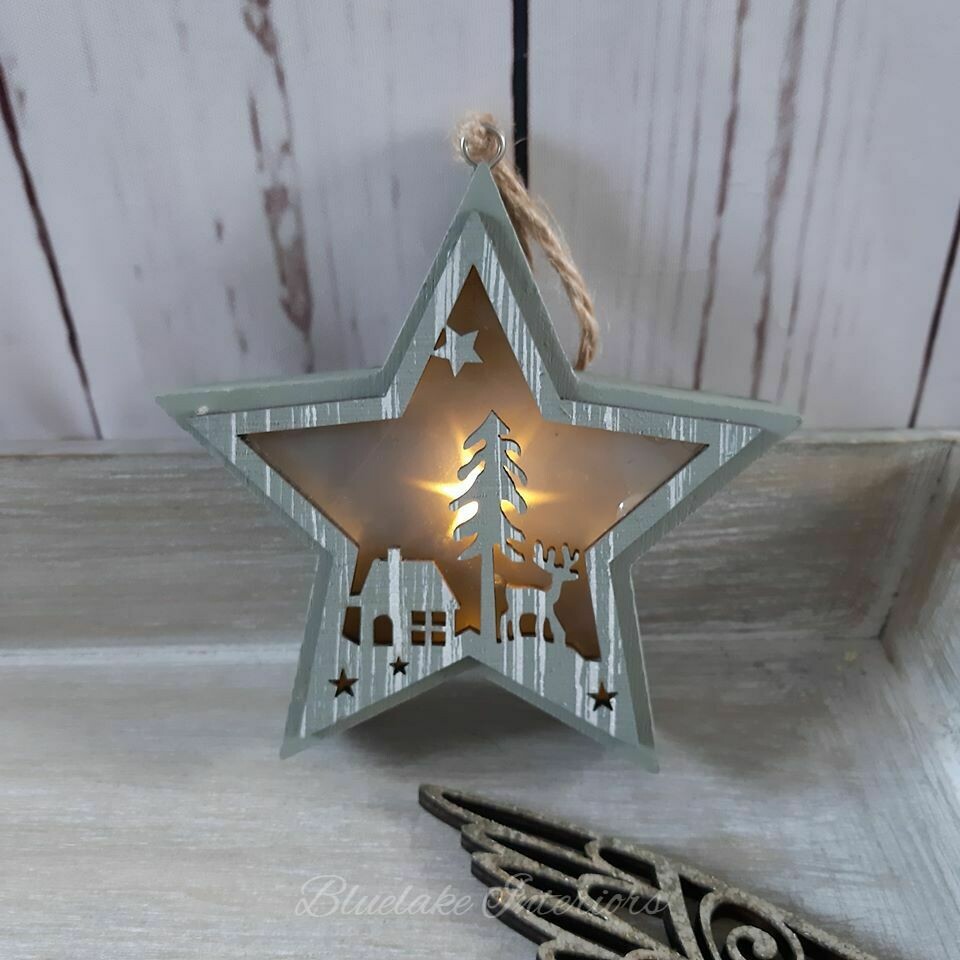 Small Grey Wooden LED Light Up Hanging Christmas Star Decoration