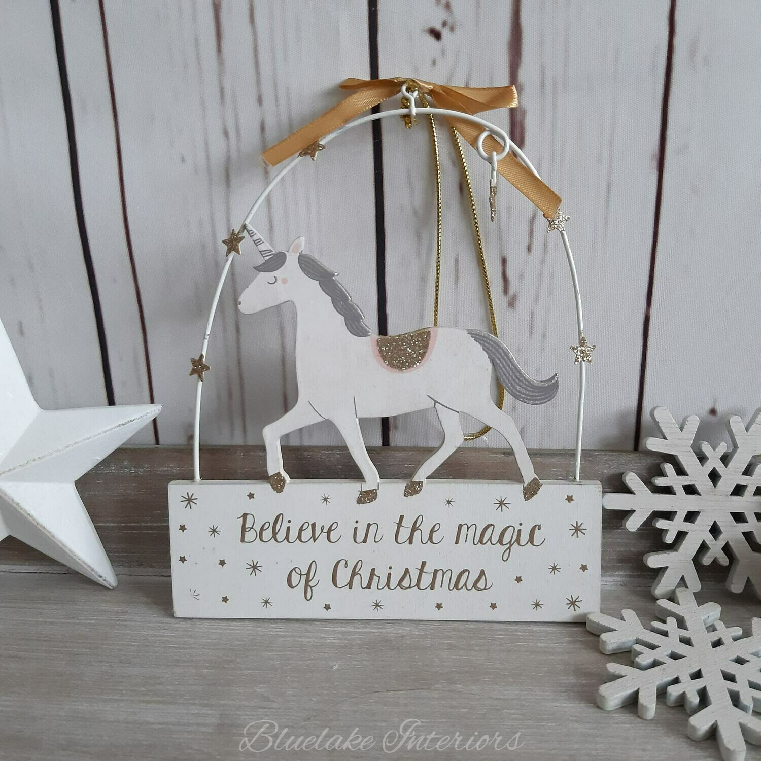 Believe In The Magic of Christmas Glittery Unicorn Plaque with Gold Stars