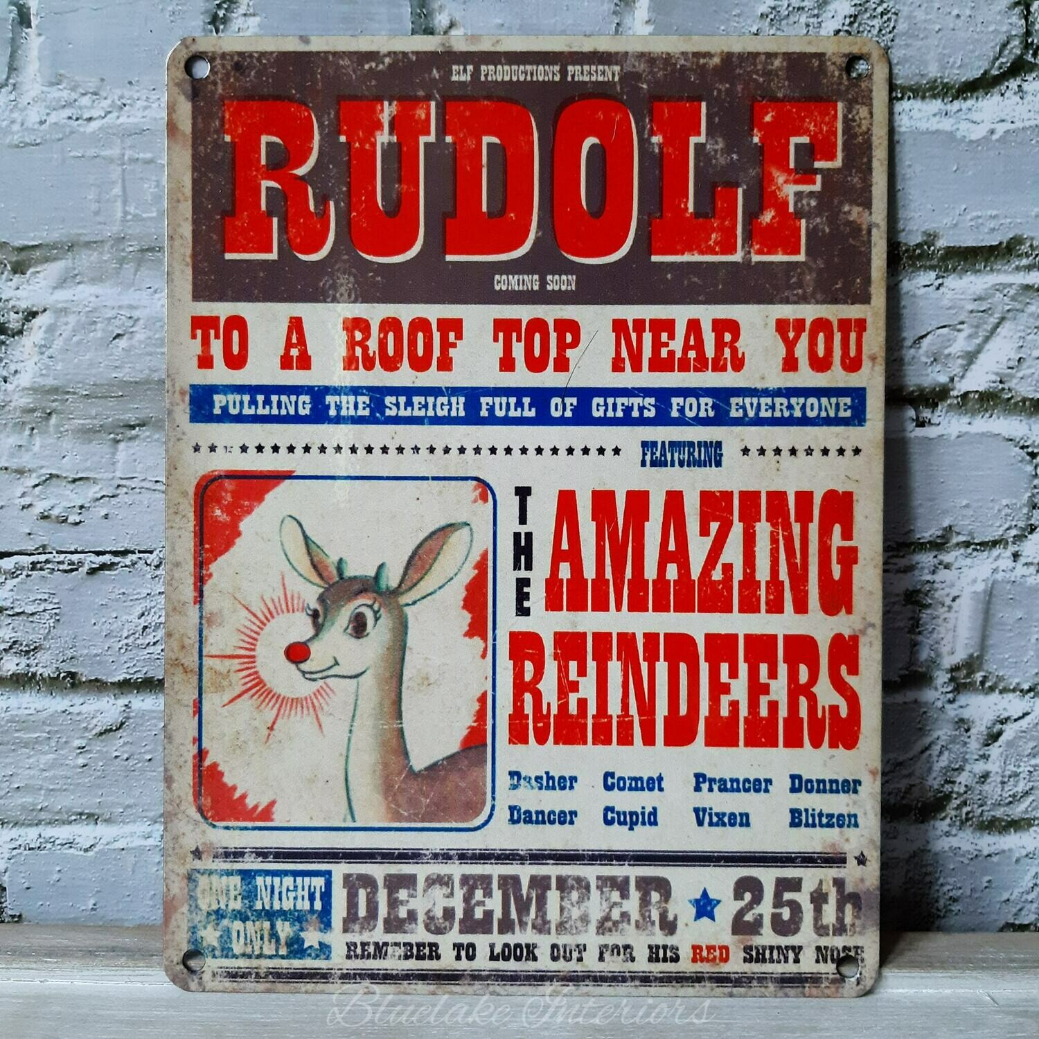 Elf Productions Present Rudolf To A Roof Top Near You Vintage Style Christmas Sign
