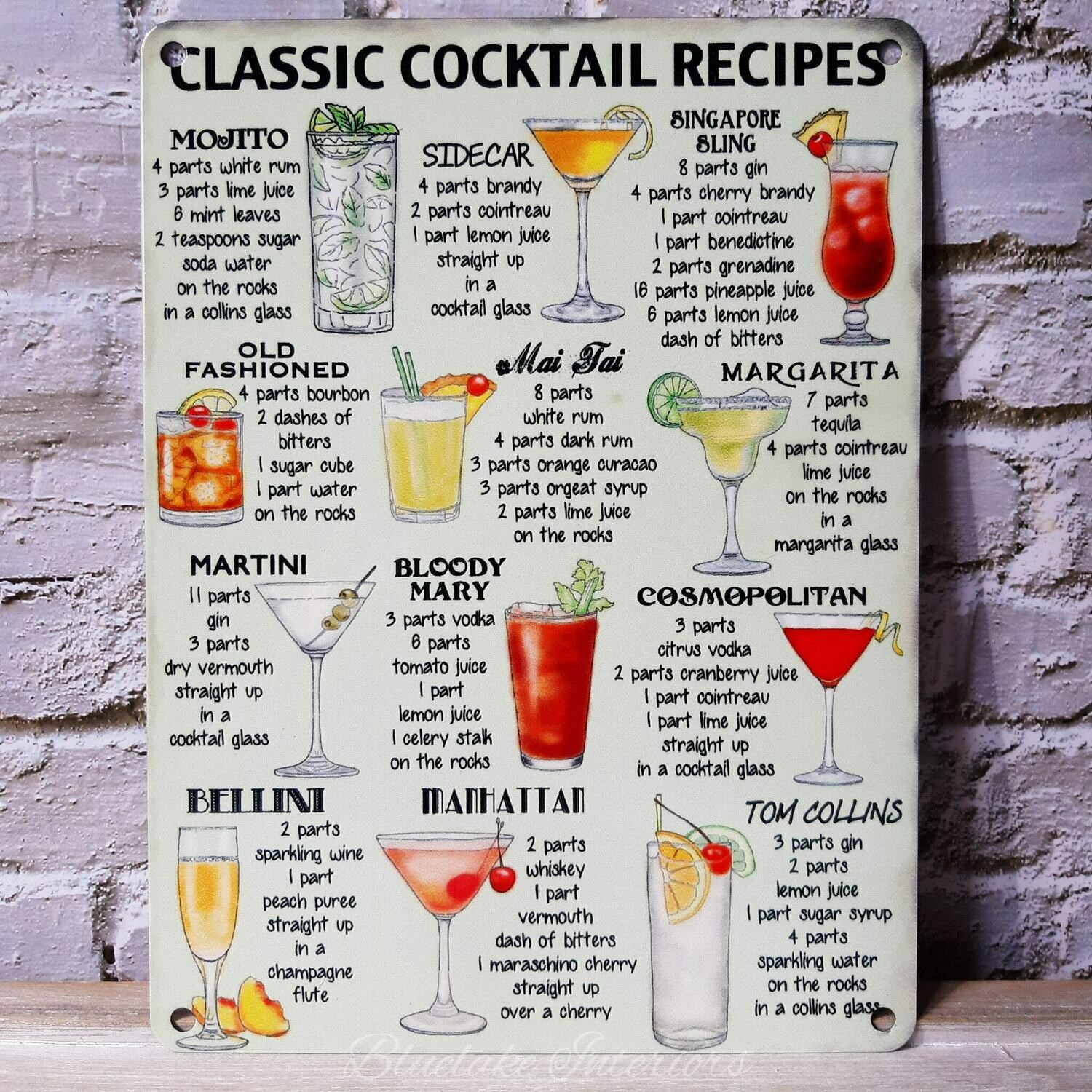 Classic Cocktail Recipes Metal Sign Mojita Cosmopolitan Bloody Mary Martini