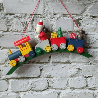 Rustic Vintage Style Wooden Hanging Train with Santa and Presents