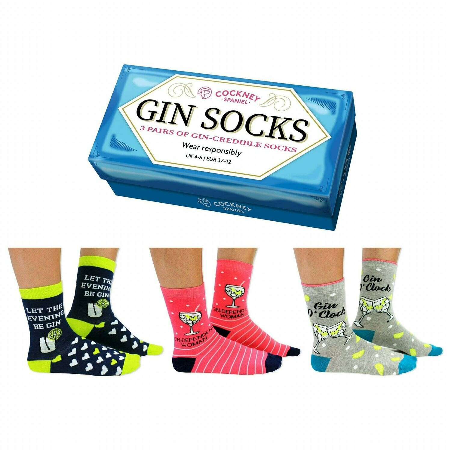 3 Pairs Of Cockney Spaniel Gift Boxed Ladies Gin Socks Size 4-8
