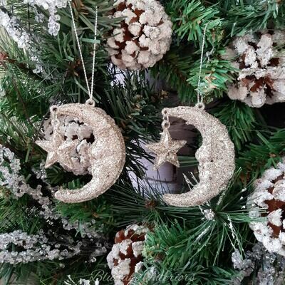 Set of 2 Gold Glitter Hanging Moon & Star Hanging Christmas Decoration