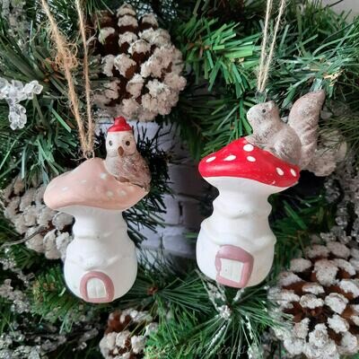 Set Of 2 Terracotta Hanging Mushrooms With Owl & Squirrel