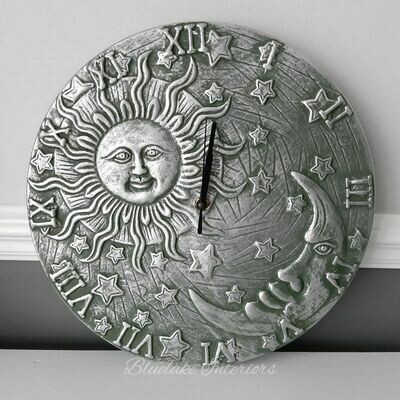 Silver Effect Terracotta Sun & Moon Round Wall Clock