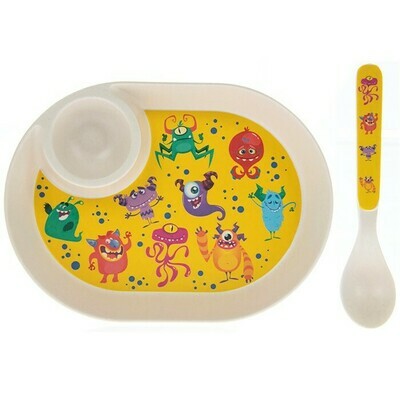 Bamboo Egg Plate & Spoon Monsters Set Children Toddlers Eco Friendly Feeding