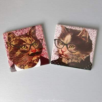 Set of 2 Quirky Cats In Glasses Design Ceramic Coasters