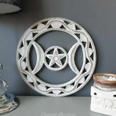 White Wooden Round Triple Moon Wall Plaque Pagan Wiccan Home Decor