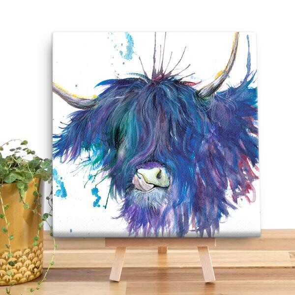 Blue Splatter Highland Cow Mini Canvas From Wraptious