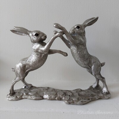 Large Reflections Silver Boxing Hares Ornament Gift Boxed Figurine