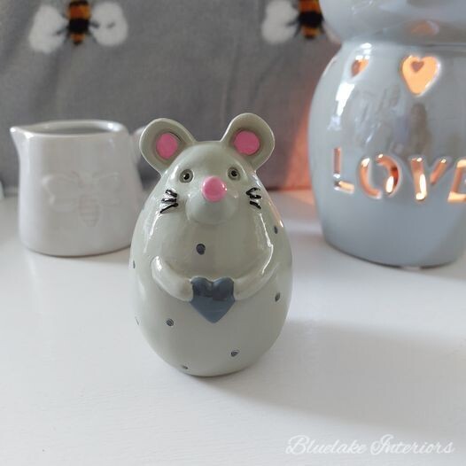 Cute Grey Ceramic Mouse With Heart & Polka Dots Ornament