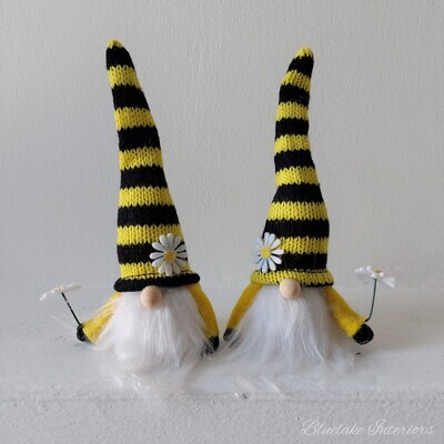 2 x Small Bee Gonks Holding Daisy Flowers With Black & Yellow Knitted Hats