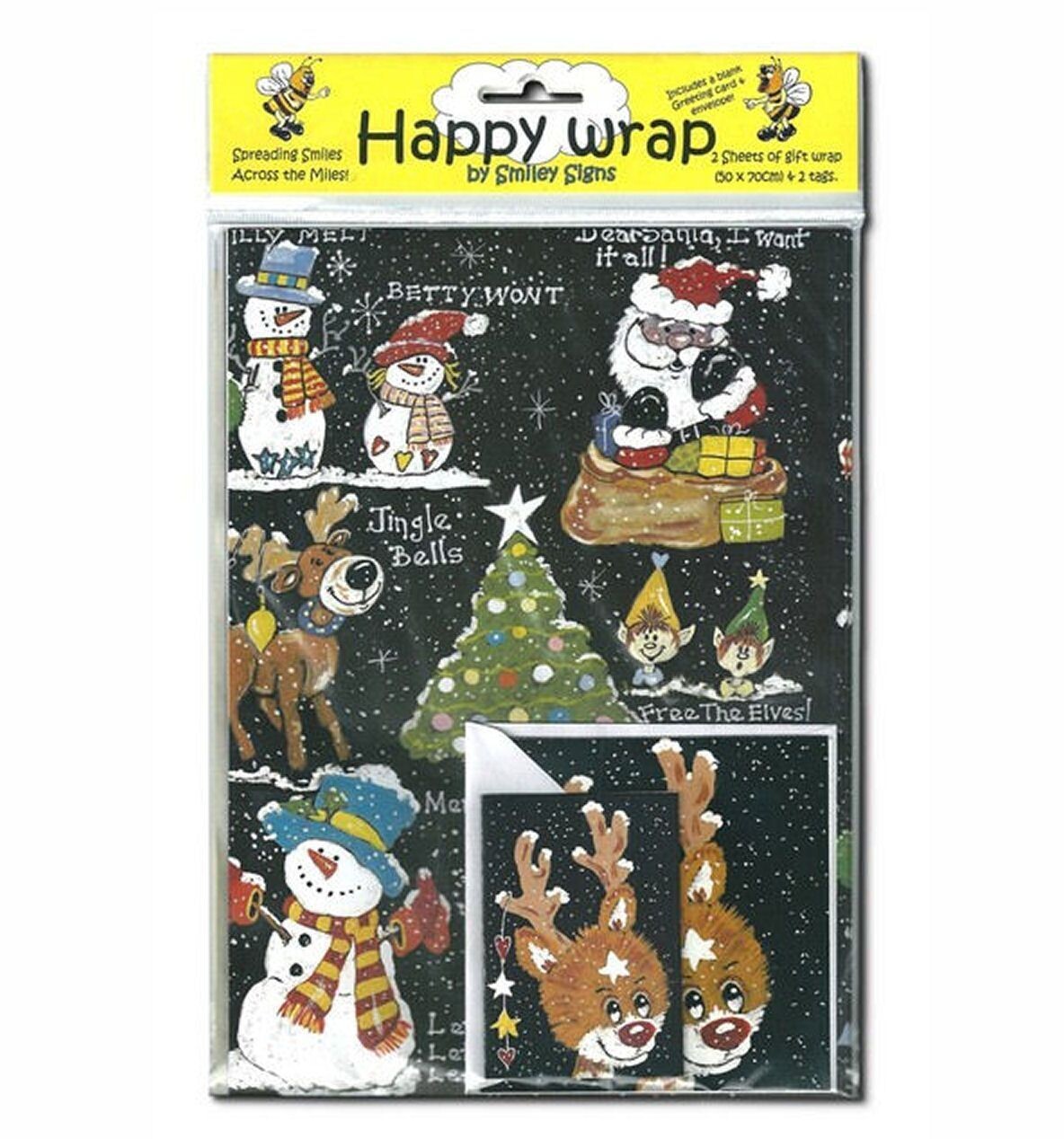 Black Christmas Wrapping Paper Santa Snowmen & Rudolph