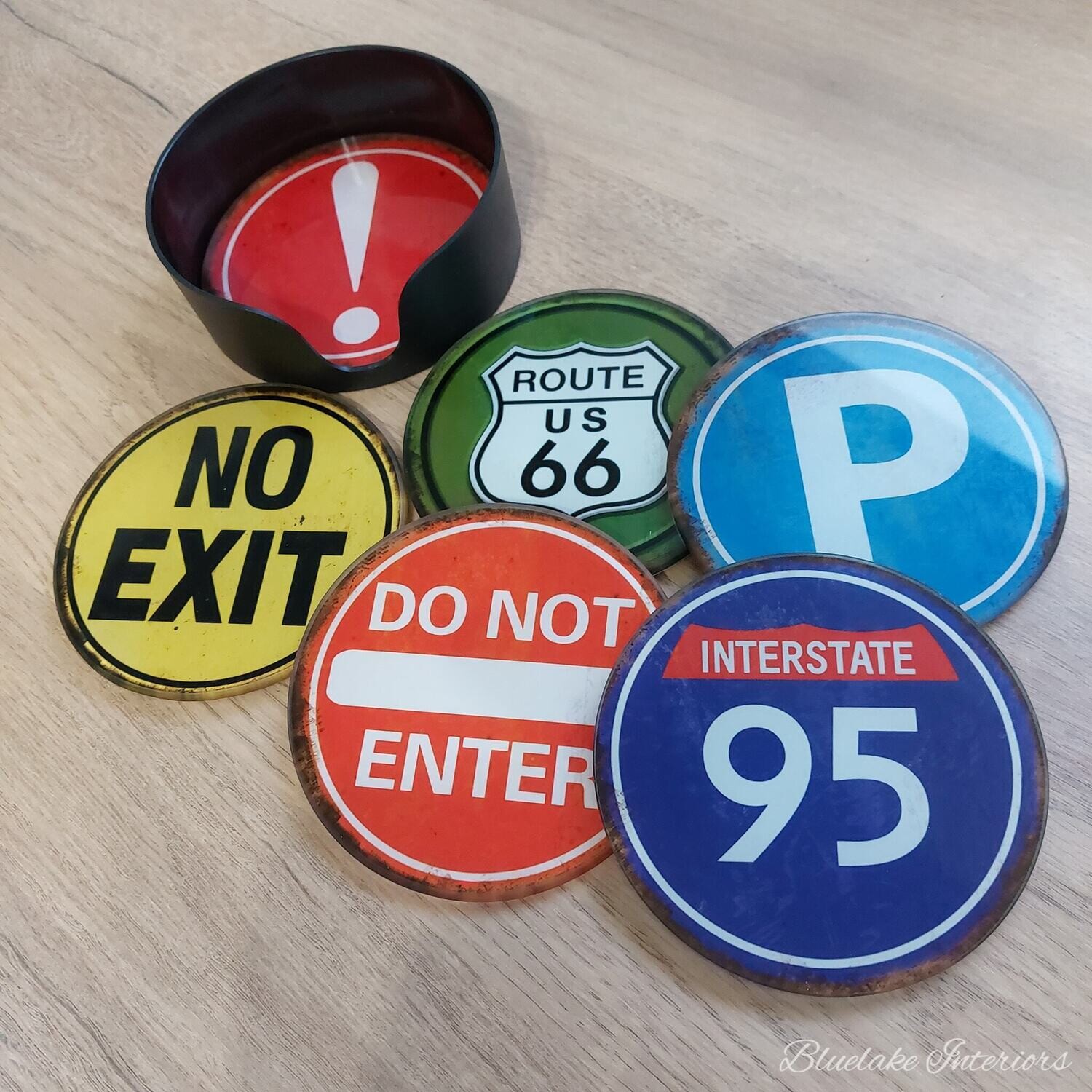 USA Road Sign Set Of 6 Round Glass Coasters