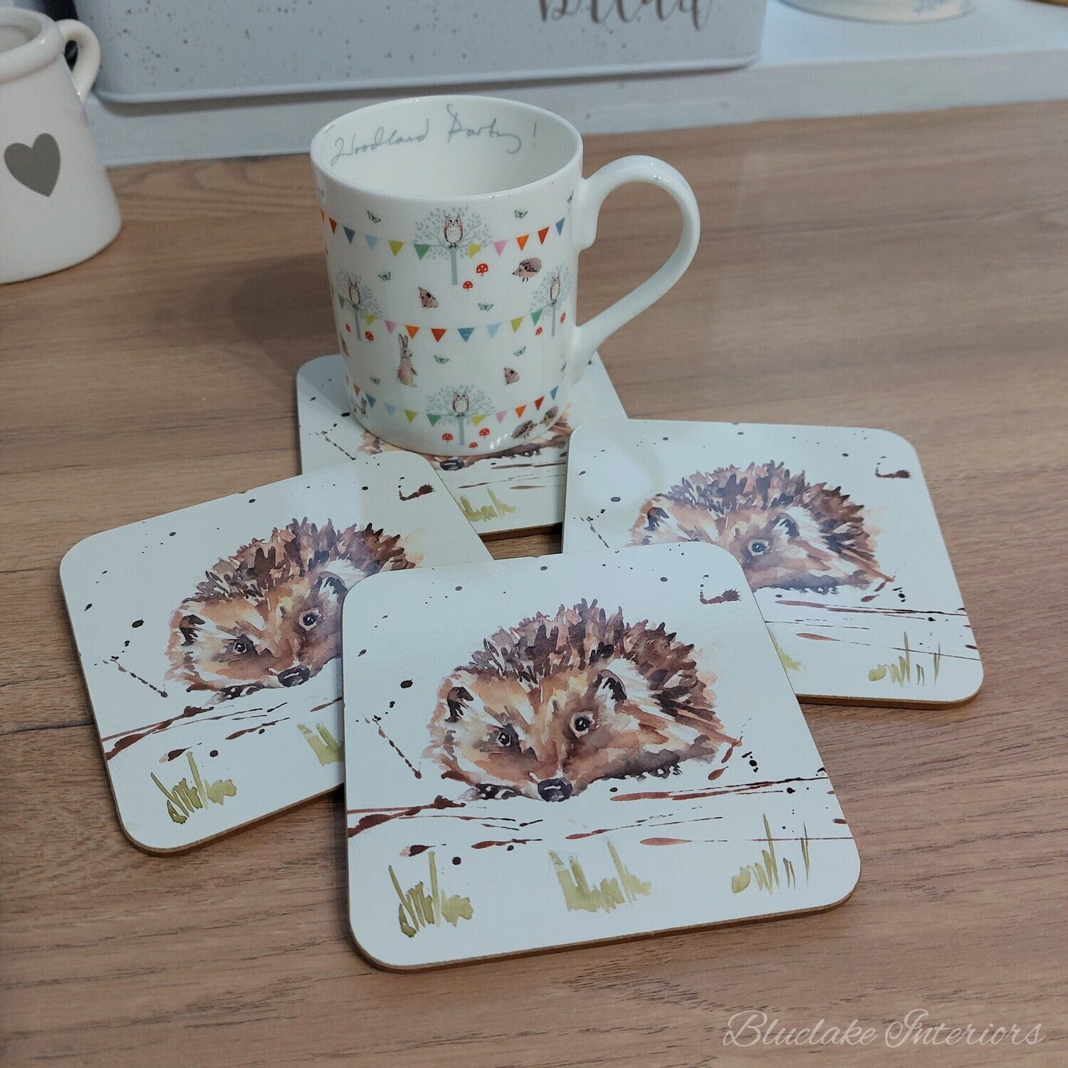 Set of 4 The Country Life Hedgehog Design Coasters Water Coloured Inspired Print