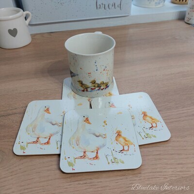 Set of 4 The Country Life Duck Design Coasters Water Coloured Inspired Print