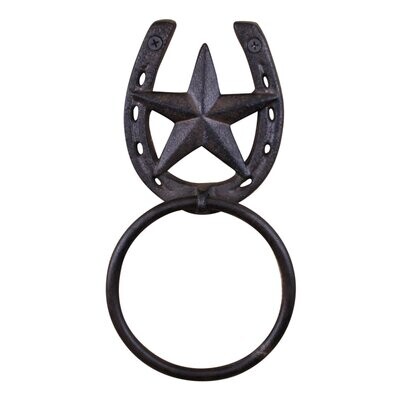 Rustic Cast Iron Horseshoe & Star Design Towel Ring Wall Mounted