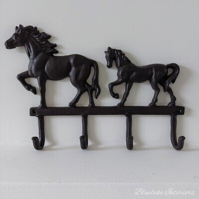 Rustic Cast Iron Wall Hooks Two Horse Design Farmhouse Country Style