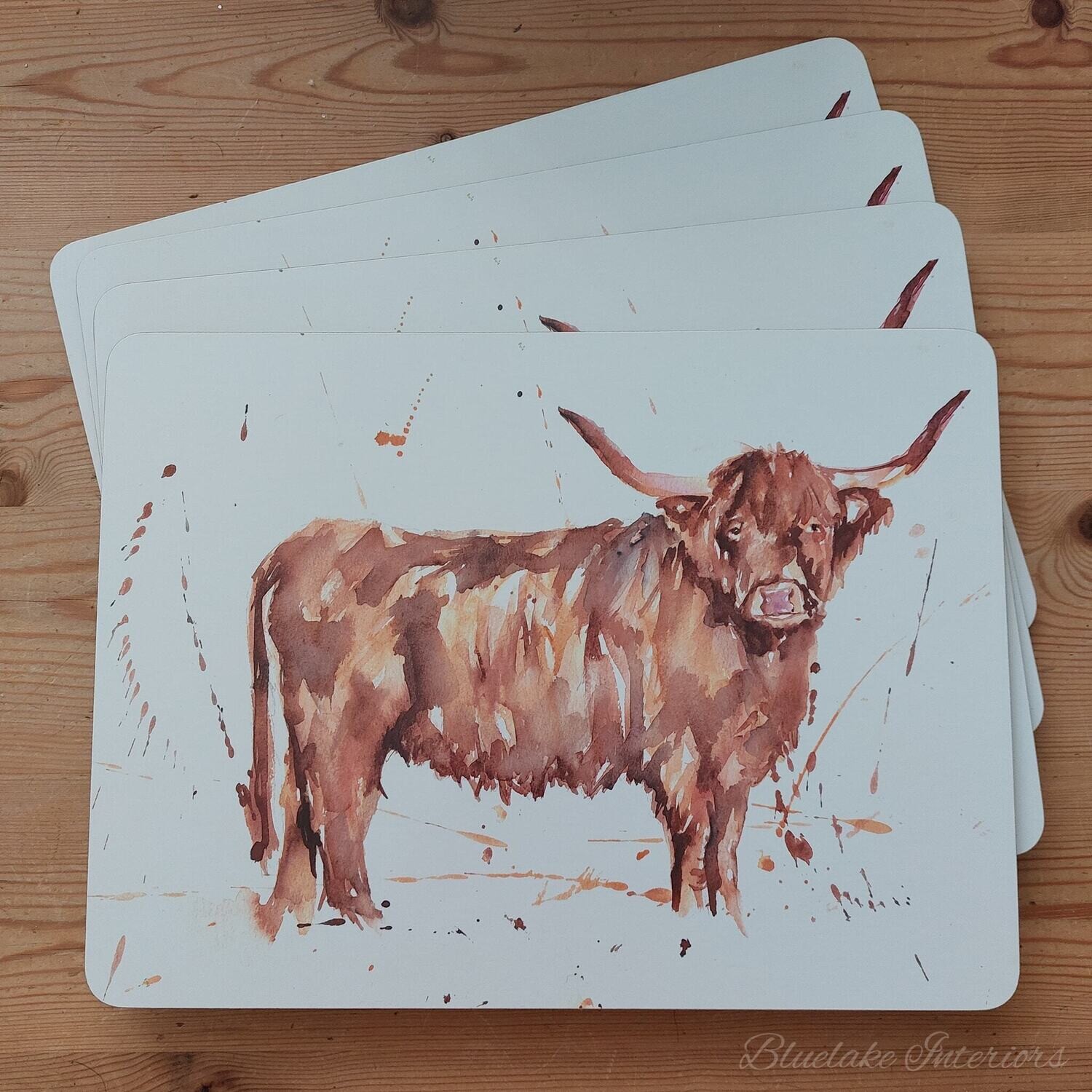 Set of 4 The Country Life Highland Cow Design Placemats Water Coloured Inspired Print