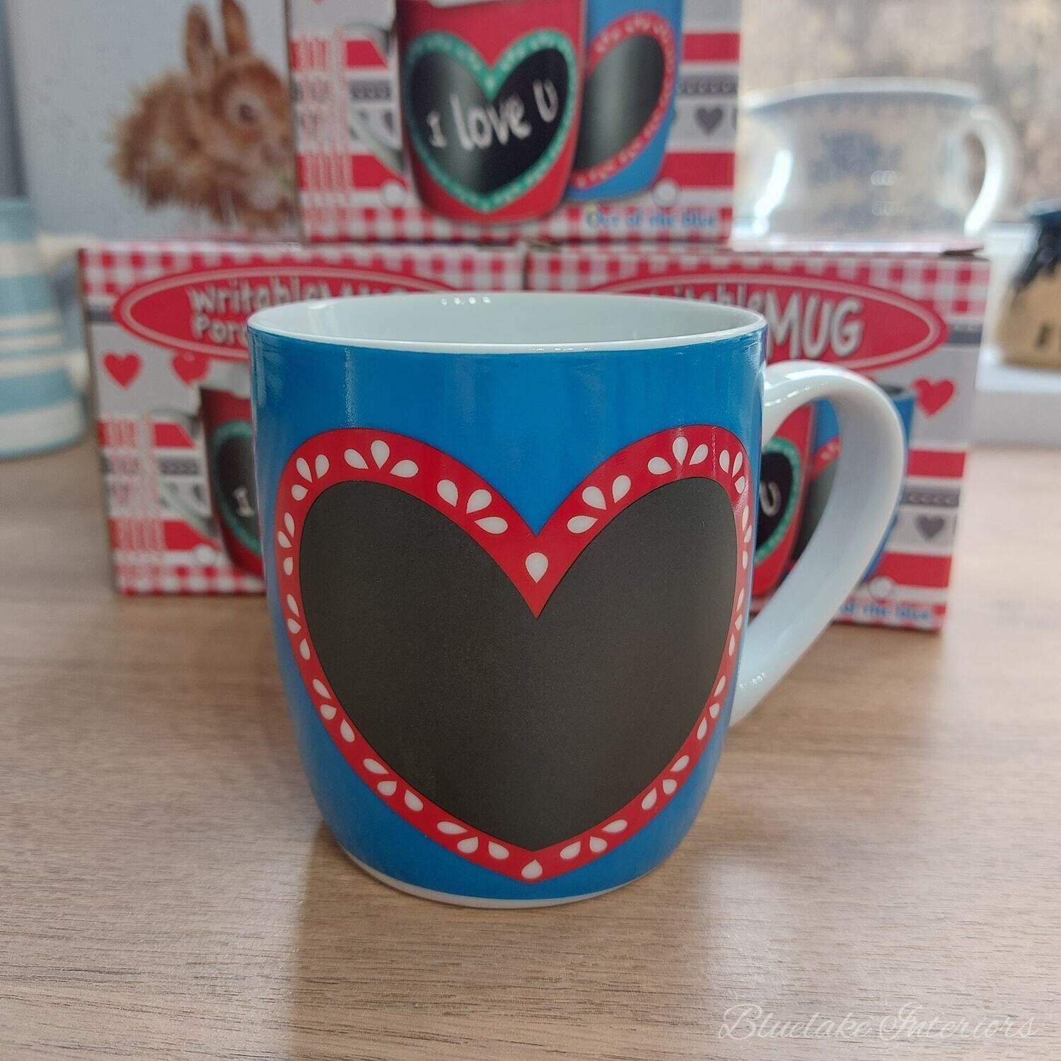 Blue Chalkboard Writeable Porcelain Heart Coffee Mug Valentines Gift