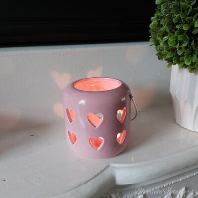Medium Desire Pink Cut Out Hearts Ceramic Tea Light Candle Holder With Handle