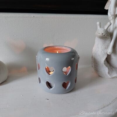 Small Grey Cut Out Hearts Ceramic Tea Light Candle Holder With Handle