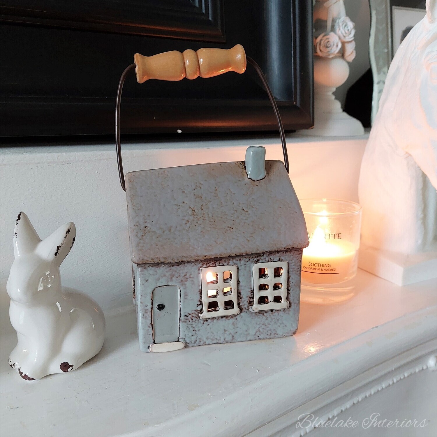 Small Grey & Cream Village Pottery Ceramic Cottage Lantern Candle Holder