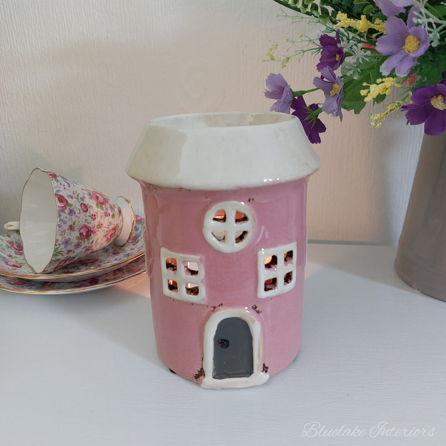 Pink & Cream Village Pottery Round Ceramic Cottage Oil And Wax Melt Burner