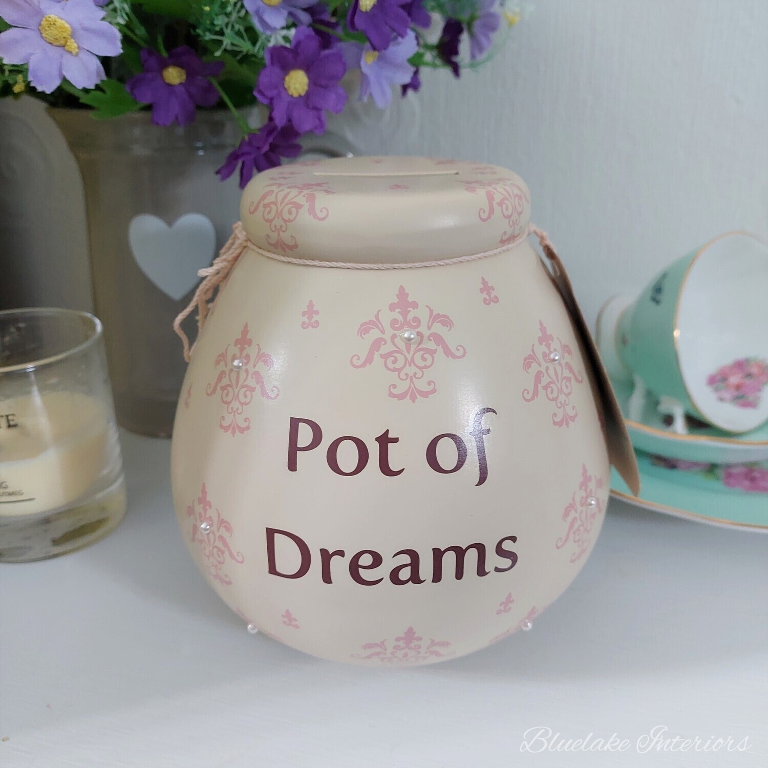 Hand Decorated Pot Of Dreams Embellished Fleur De Lis Money Box Savings Bank