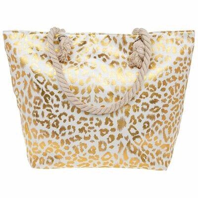 Gold Metallic Leopard Print Tote Bag With Rope Handles Tote Beach Shopping Bag
