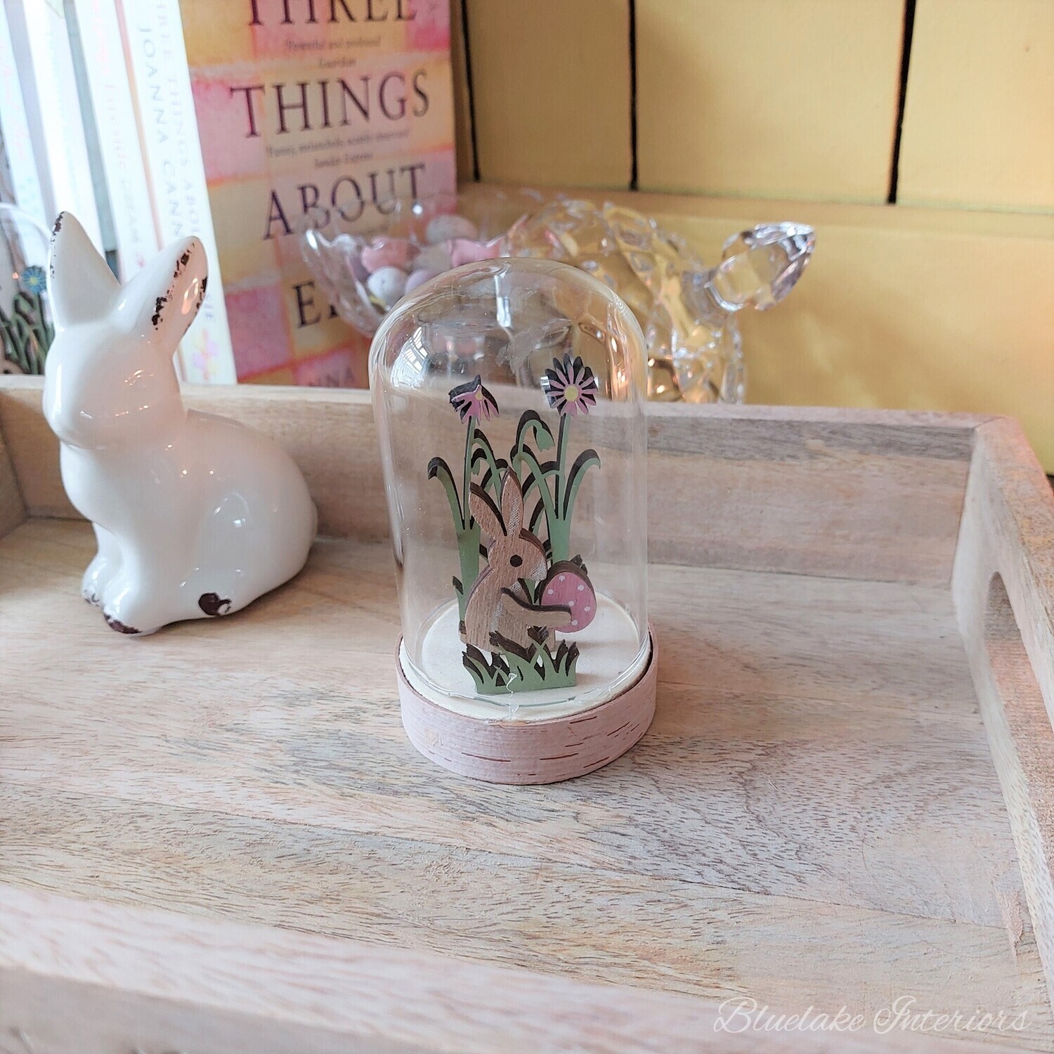 Rustic Wooden Easter Bunny With Pink Spotted Egg In A Glass Dome
