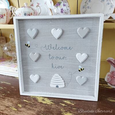 Welcome To Our Hive Grey Wooden Distressed Wall Plaque With Bees & Hearts