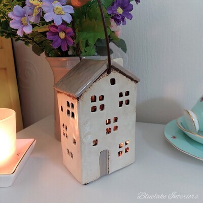 Taupe & Cream Village Pottery Ceramic Cottage Lantern Candle Holder