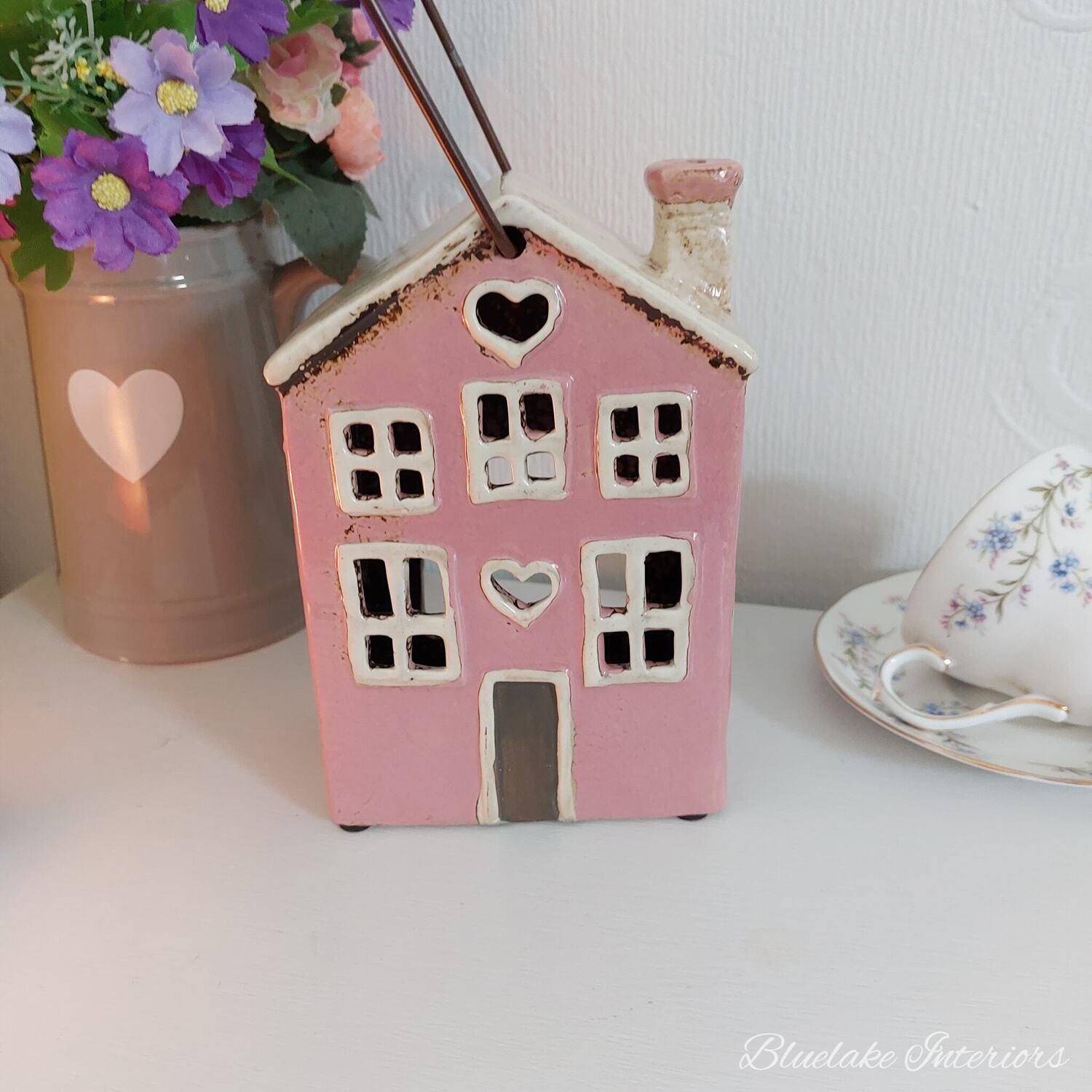 Pink & Cream Village Pottery Heart House Lantern Ceramic Tea Light Candle Holder