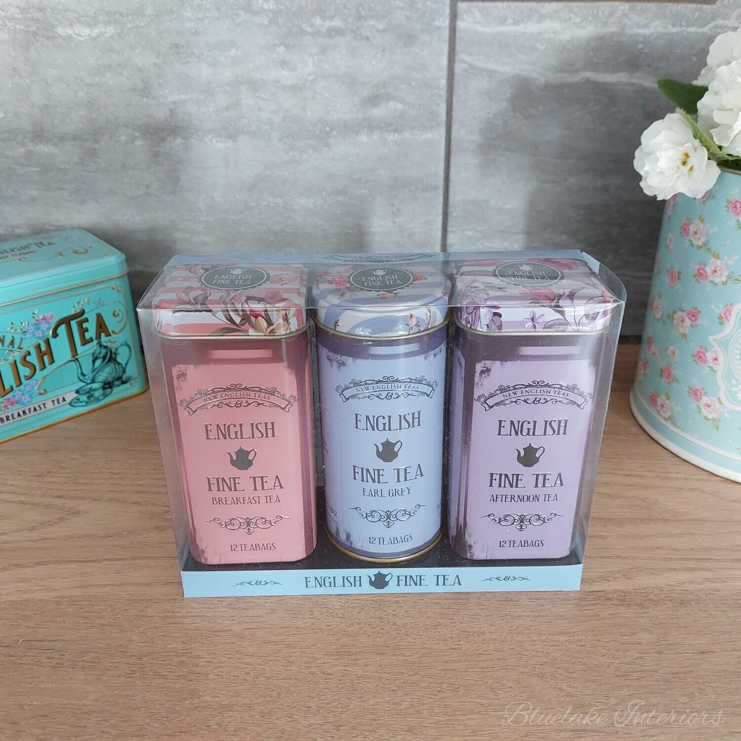 New English Teas Set Of 3 Pretty Floral Tins Containing 12 Fine English Teabags