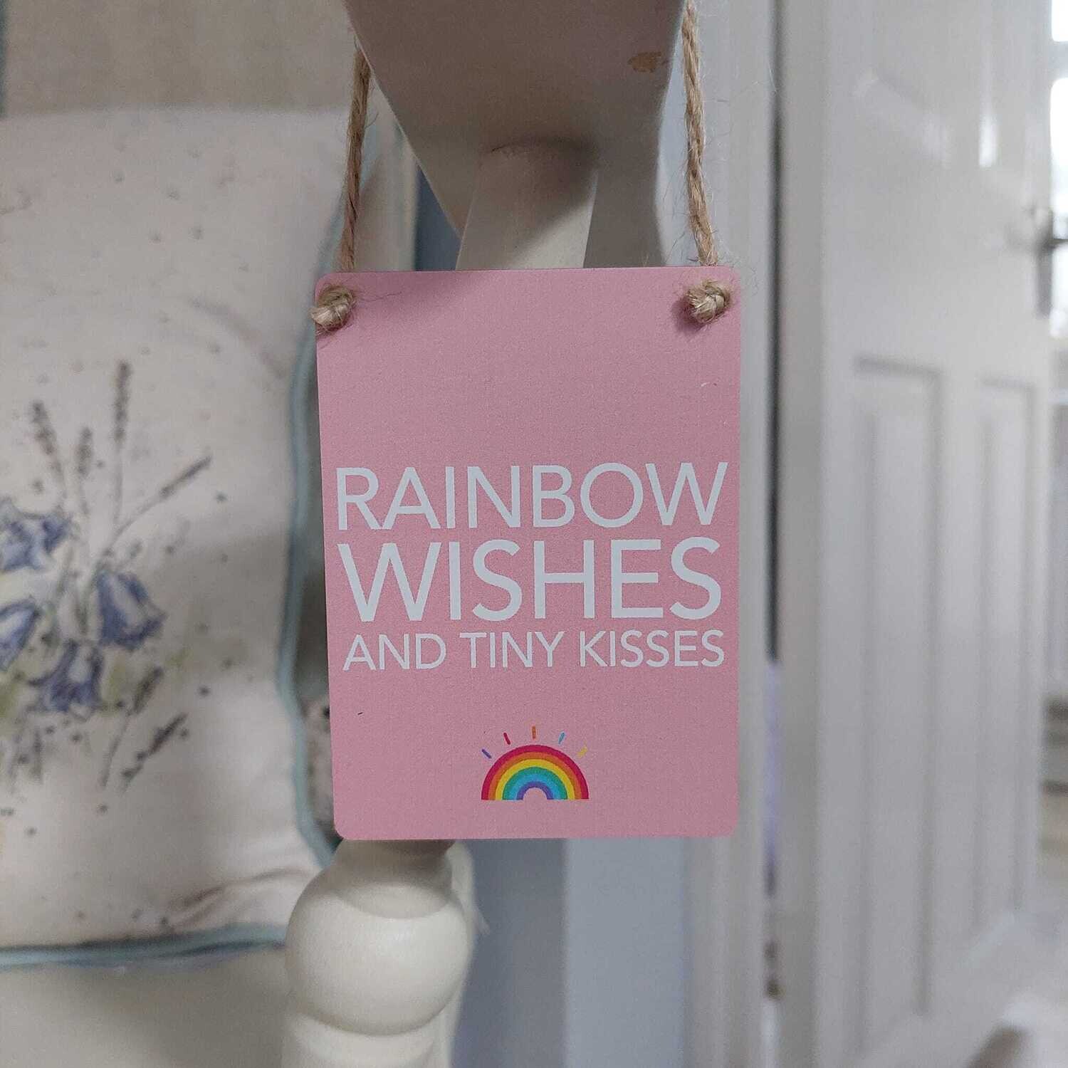 Rainbow Wishes And Tiny Kisses Mini Metal Pink Hanging Sign
