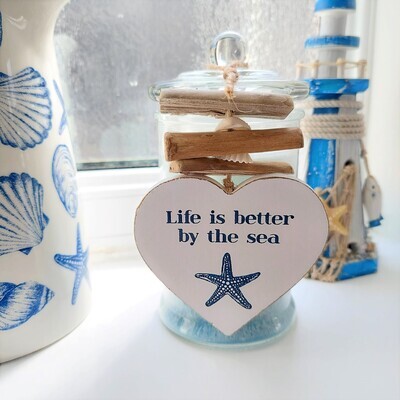 Life Is Better By The Sea Rustic Driftwood and Shells Coastal Hanging Heart